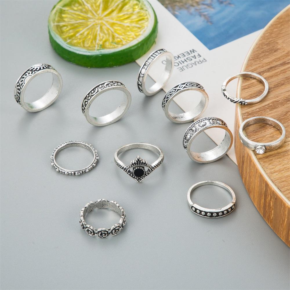 Ретро-кольцо с черным драгоценным камнем, комплект из 11 колец с цветком и звездой, простое кольцо в форме сердца, популярные женские украшения