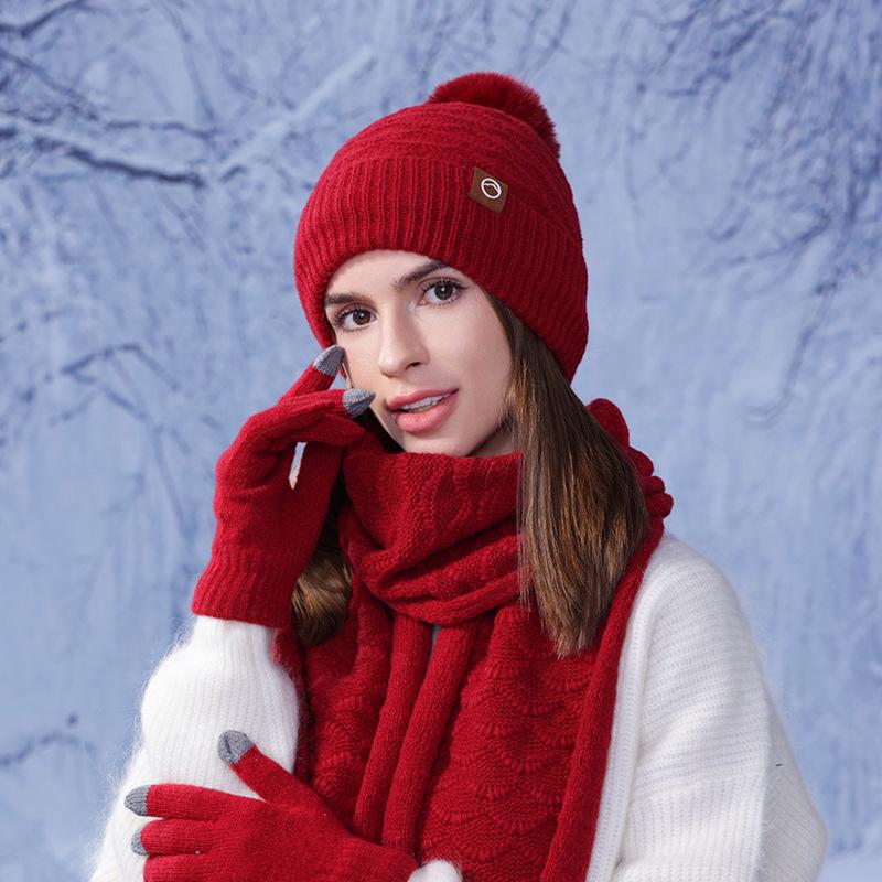 Winter Warm Hat Scarf Gloves Three-piece Women's Outdoor Fleece Thickened Ear Protector Head Knitted Wool Cap
