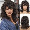 Synthetic Wigs for Black Women with Curly Texture and Bangs Brown Highlighted Regular Wig Natural Hairstyle Fluffy Hair