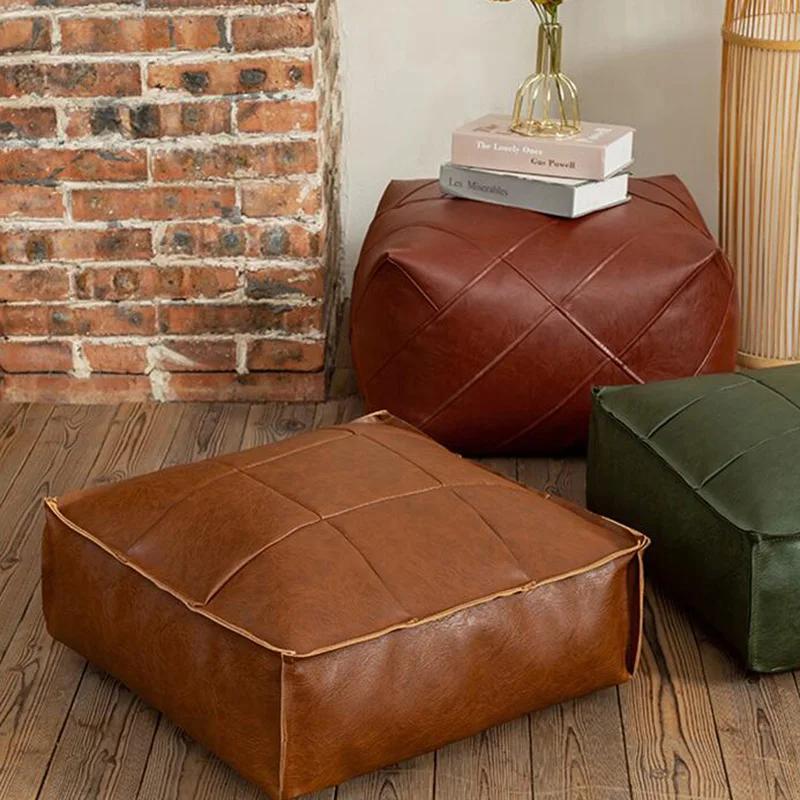Moroccan PU Leather Pouf Floor Cushion Oil Wax Skin Embroider Craft Ottoman Footstool Futon Artificial Leather Unstuffed Cushion