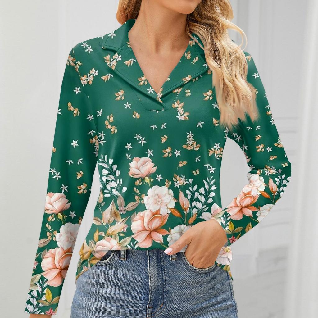 Женская мода для отдыха с длинным рукавом и V-образным вырезом с цветочным принтом