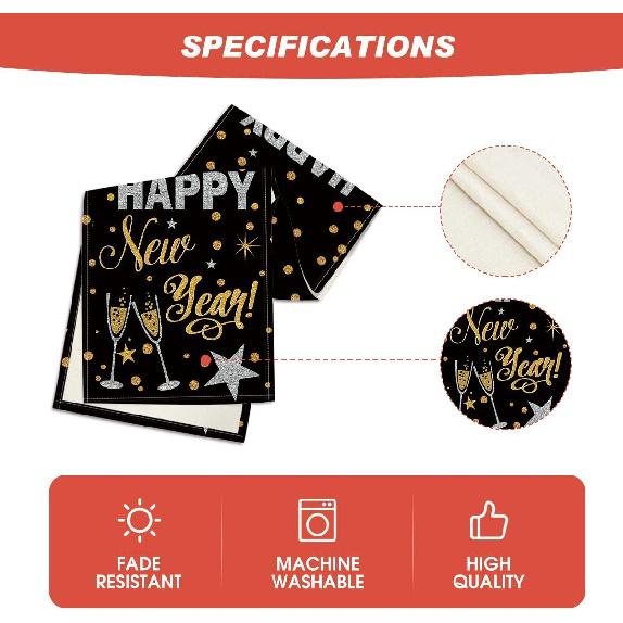 Artoid Mode Cheers Black and Gold 2025 Happy New Year Table Runner, Xmas Winter Holiday Kitchen Dining Table Decoration for Indoor Outdoor Home Party