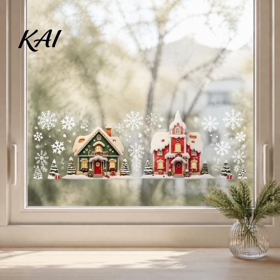 Holiday Gift for Home Christmas Cabin Static Glass Stickers, PVC Snow House Windows Decals Decorative Window Decor, Reusable Waterproof Seasonal Wall