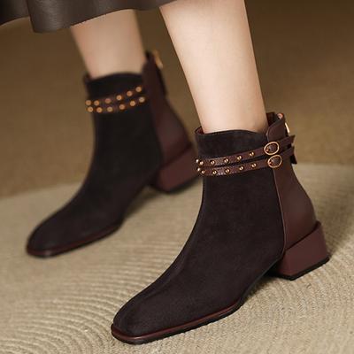 Зимние замшевые женские зимние ботильоны на среднем каблуке дизайнерские туфли в стиле ретро с квадратным носком массивные ботинки челси 2024 года тренд готика zapatos mujer