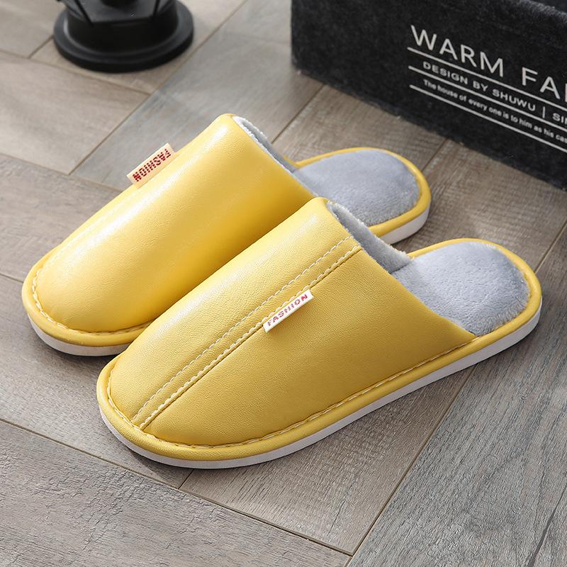 PU Leather Couple Indoor Home Wooden Floor Leather Surface Autumn and Winter Warm Cotton Slippers
