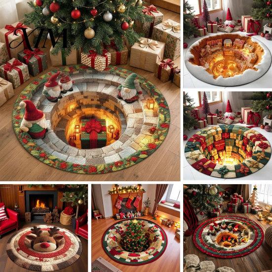 Holiday Party Floor Decoration Christmas Round Rug, 3D Illusion Mat, Winter Carpet, Soft Gnome Deer Crystal Velvet Mat Santa House Festive Rug
