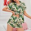 2025 Summer Flower Print Women Pajama Set Short Sleeve Front Button Top & Shorts 2 Pieces Suit Sleepwear Nightwear Homewear