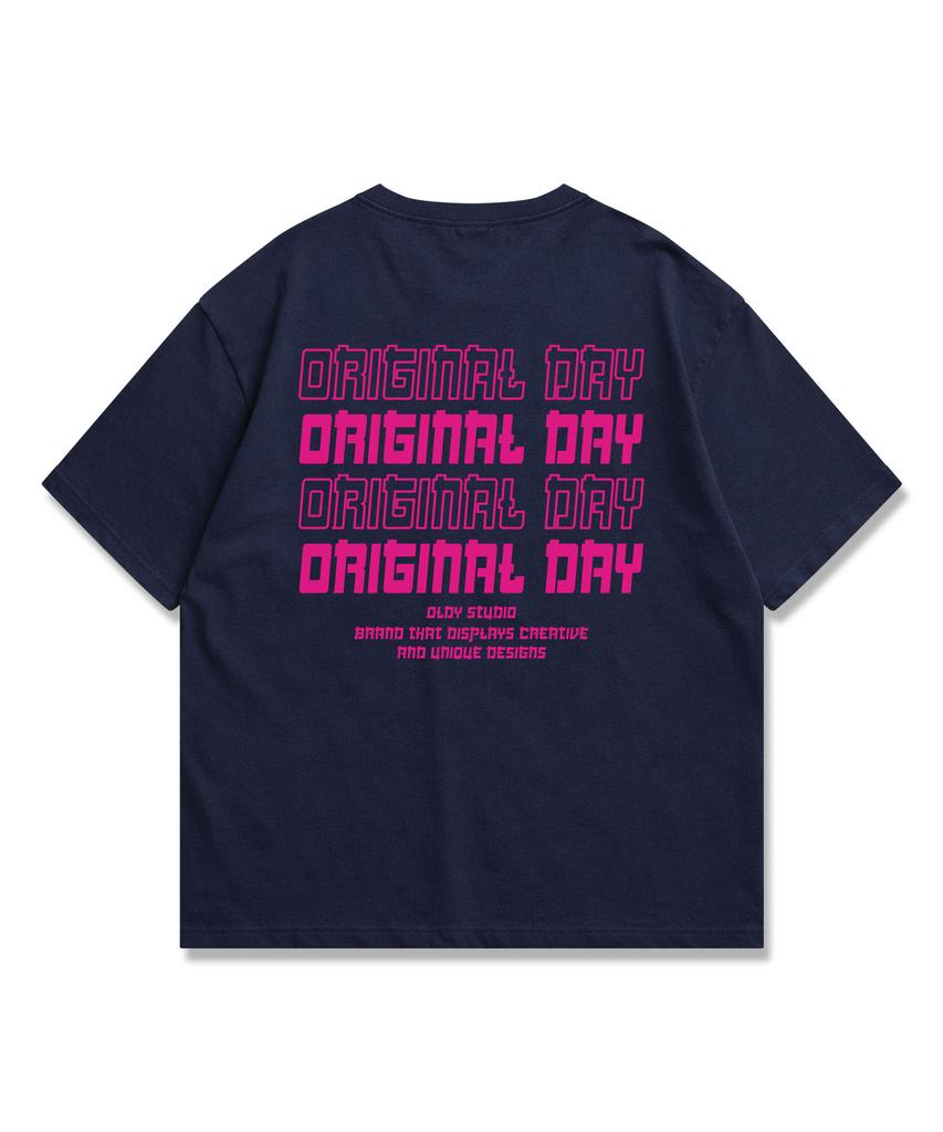 ORIGINALDAY Оригинальная цветная надпись Оверсайз футболка с коротким рукавом Унисекс Темно-синий (розовый)