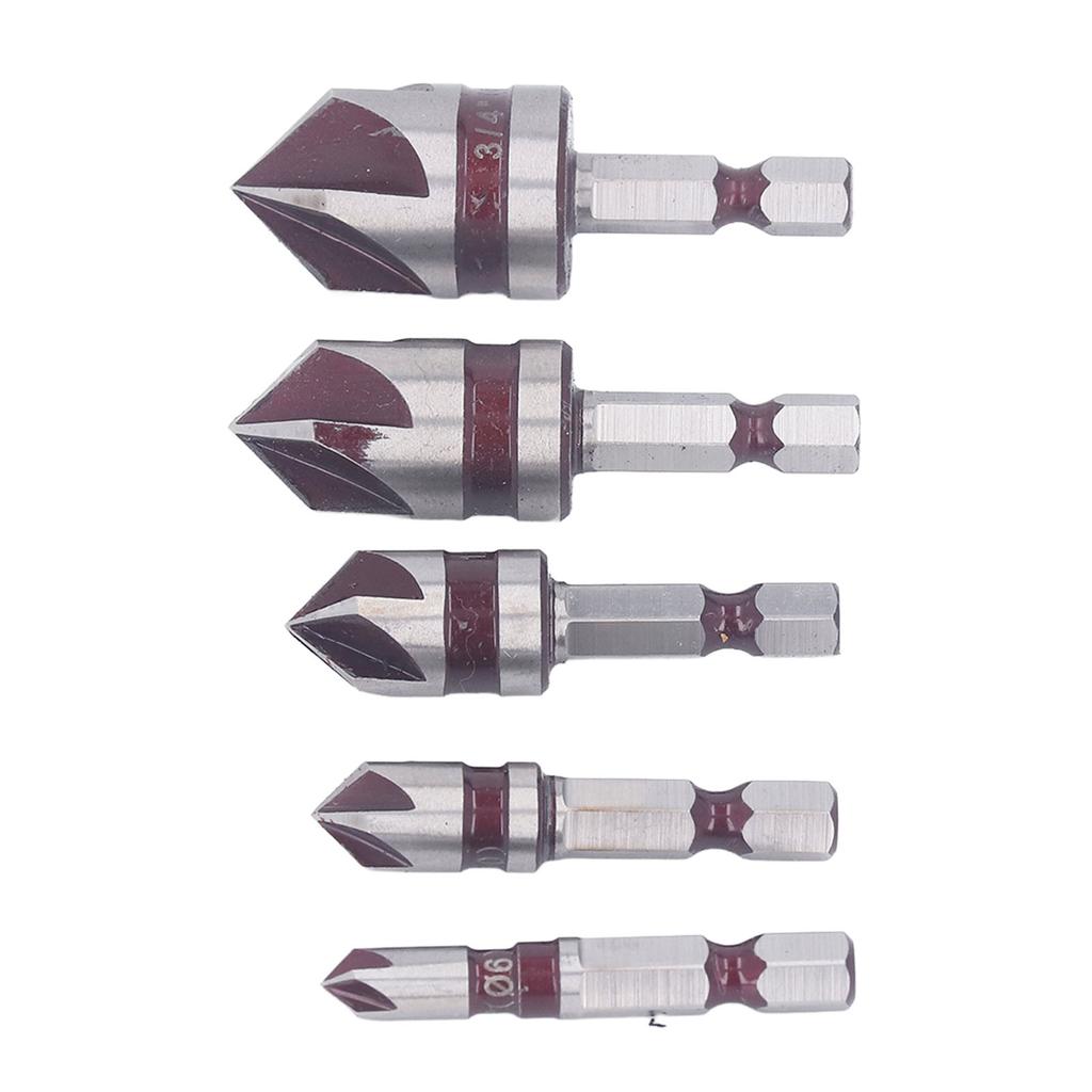 5PCS Countersink Drill Bits 82 Degree 5 Flute Hex Shank Drill Bit Set High Speed Steel Wood Punch