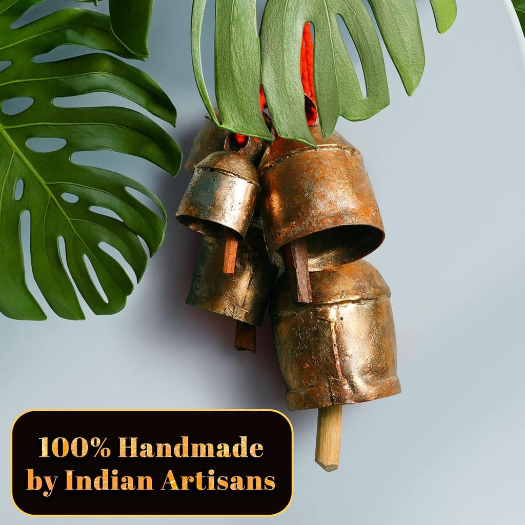 Handmade Rustic Wind Chimes for Outside with 5 Brass-Coated Metal Bells 30 Inch – Boho Outdoor Patio, Garden, Balcony & Farmhouse Decor