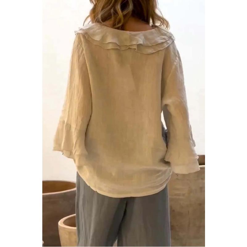 Осенняя женская мода V-образный вырез рукава оборка свободная повседневная рубашка