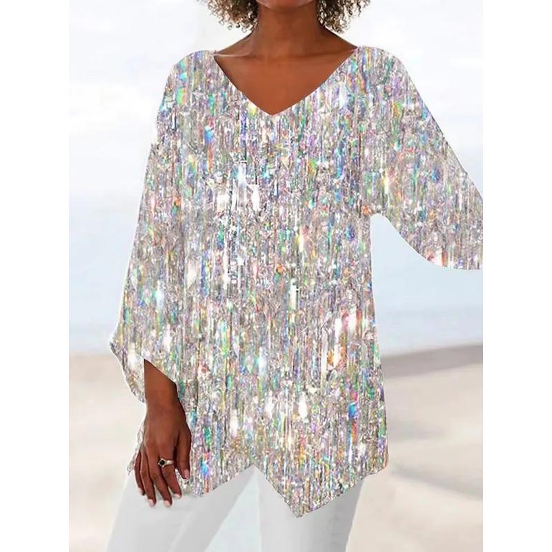 Весна Лето V-образный вырез Принт Мода Женская Блузка Новая Повседневная Свободная Необычная Топ Футболка Большого Размера Простая Элегантная Офисная Рубашка Женская Одежда