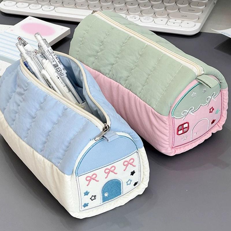 Розовый пенал в форме домика, симпатичная сумка для хранения пеналов, вместительная, дорогая синяя сумка для канцелярских принадлежностей