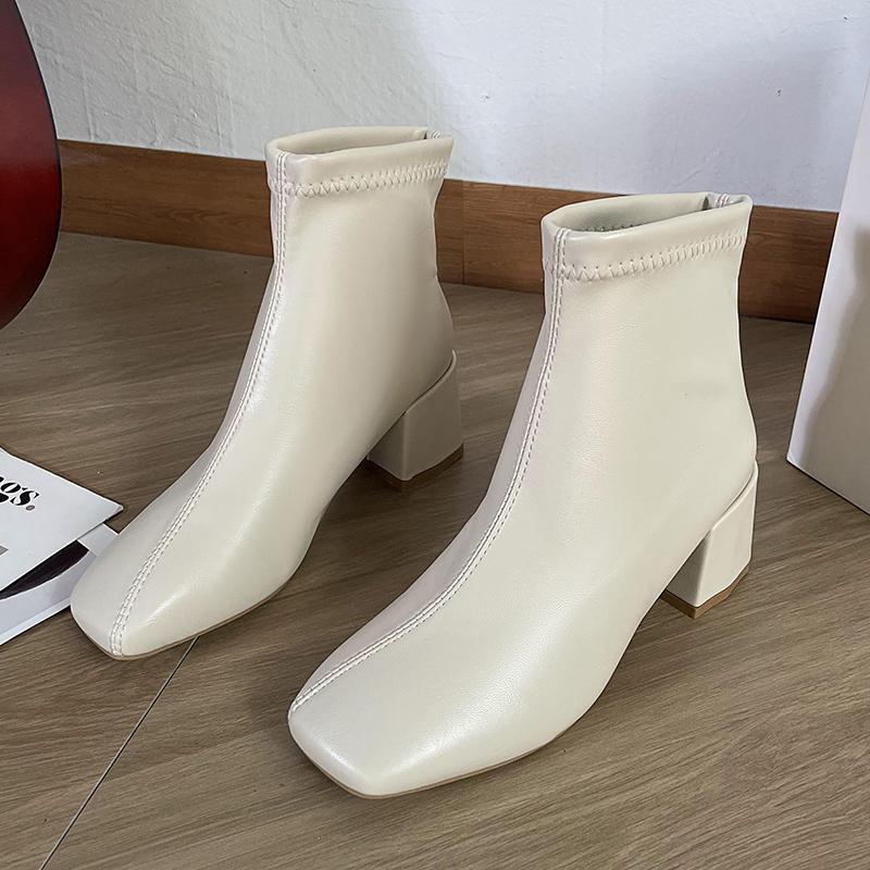 Fashion Casual Women's Thick Heel Medium Heel Boots Women's 2024 New Winter Square Toe Back Zipper Heightening Short Boots