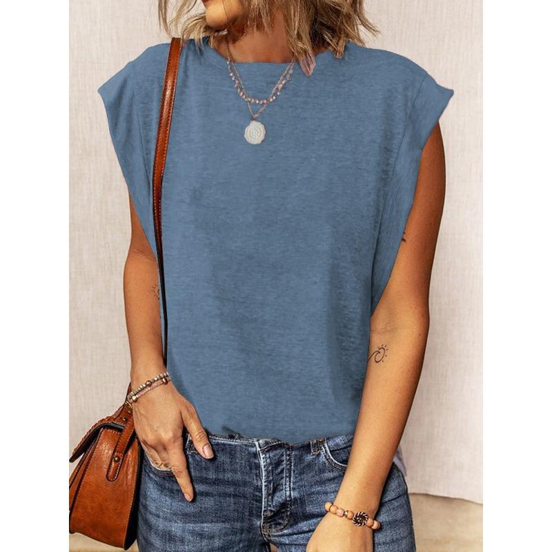 YYFS Женские модные повседневные летние весенние однотонные блузки и рубашки без рукавов с круглым вырезом и принтом