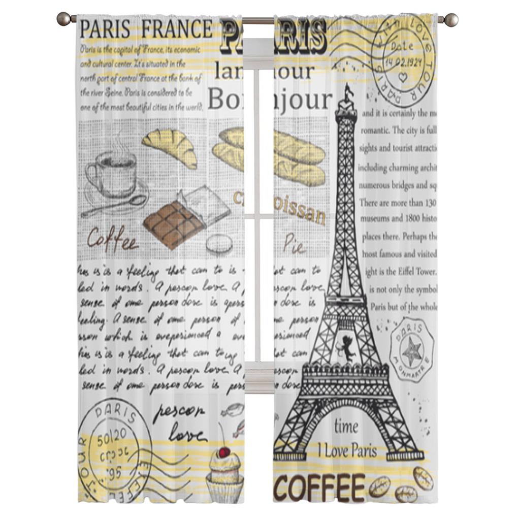 Retro Poster Coffee Eiffel Tower Sheer Curtains For Living Room Bedroom Tulle Curtains Kitchen Window Treatments Panel Drapes