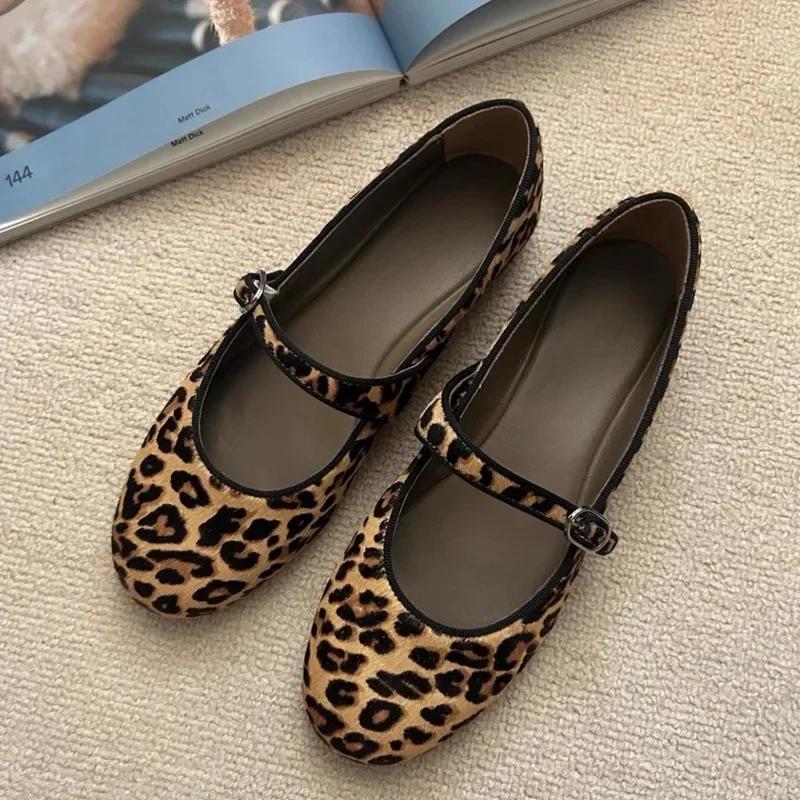 Luxury Brand Designer Leopard Suede Mary Jane Shoes Women Metal Belt Buckle Non-slip Soft Bottom Ballet Shoes Light Cozy Flats