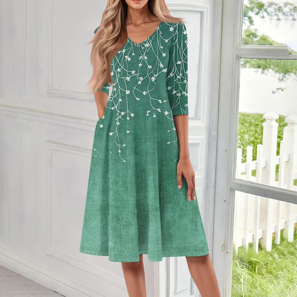 Женское повседневное модное платье миди с V-образным вырезом и рукавом три четверти