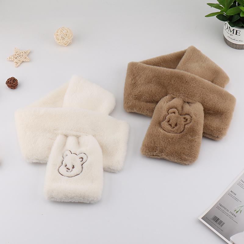 WhyBear Зимний теплый белый плюшевый шарф для девочек в корейском стиле с вышивкой и дизайном медвежонка