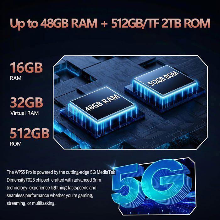 Защищенный смартфон 5G OUKITEL WP55 Pro 48 ГБ + 512 ГБ 6,6" 11000 мАч Неубиваемый мобильный телефон 108 МП Android 15 Две SIM-карты/NFC Черный