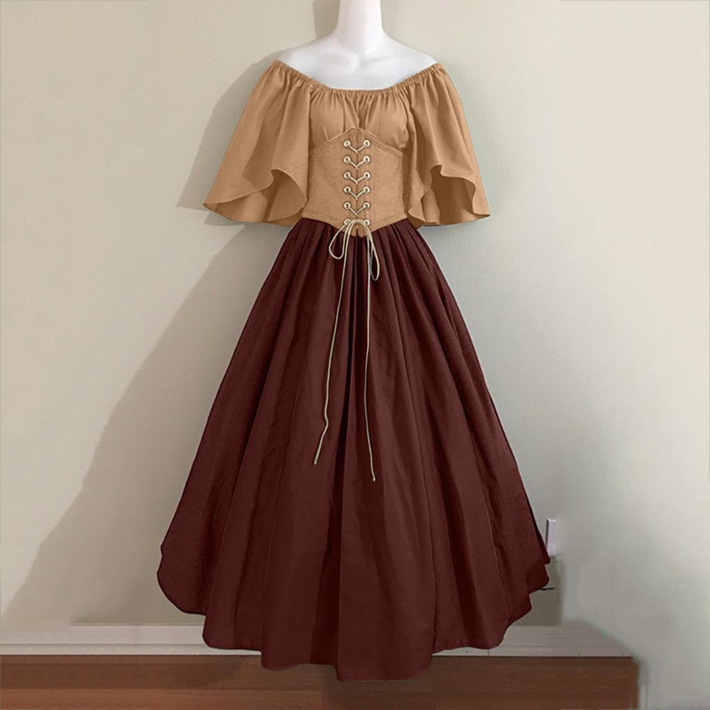 Retro Women's Spliced Flying Sleeves Tie-Waisted Large Swing Skirt One Shoulder Dress