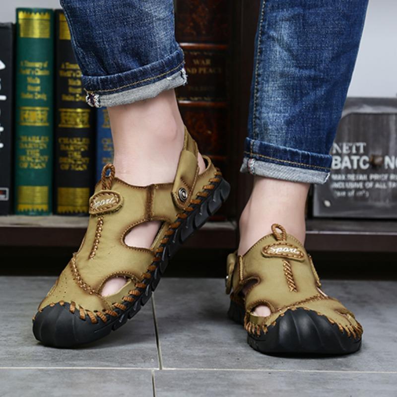 Летние мужские кожаные пляжные сандалии большого размера Мужские сандалии с закрытым носком