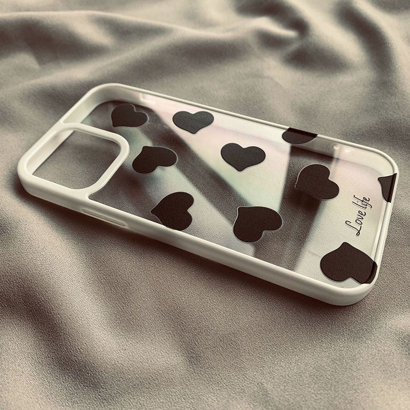 INS Korean Cute Black Love Heart Phone Case For iPhone 14 15 13 12 11 Pro Max X XS XR Lovely Simple Shockproof Hard Cover Funda