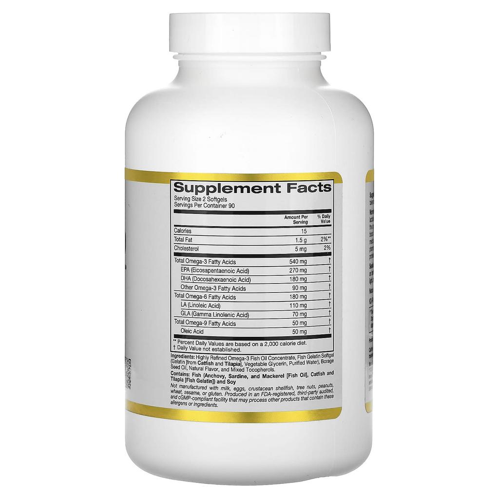 Omega 3-6-9, Omega 3 Fish Oil and Borage Seed Oil, Epa, Dha, Gla, Linoleic Acid, Natural Lemon Flavor, 180 Softgels