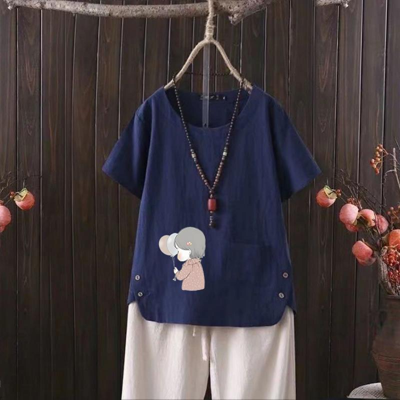 Nordic Balloon Series Print V-neck Cotton Hemp T-shirt for Women - 2025 Summer New Arrival