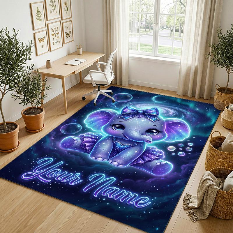 Elephant Theme Crystal Velvet Rug Personalized Custom Name Text Soft Floor Mat Home Decor