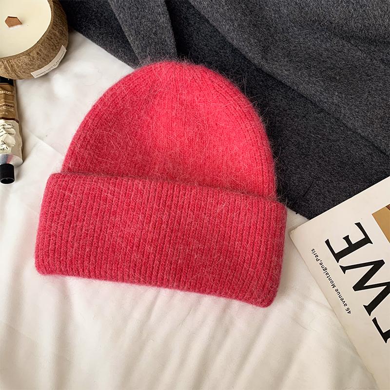 Solid Color Rabbit Fur Knitted Hat Women Winter Warm Wool Hat Warm Angora Fluffy Warm SKI Beanies Korea Ins Fashion Bonnet Caps