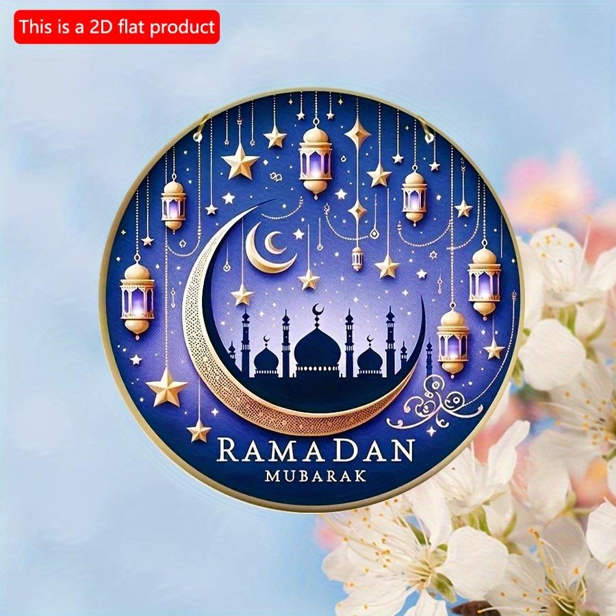 2D Flat 20*20cm 1pc Happy Eid Golden Moon Stars Design High Quality Blue Window Pendant, Suitable For Ceiling Hanging Round Wooden Ornament, Terrific