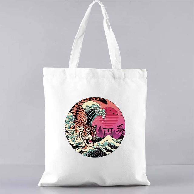 Fashion Shopping Bag Casual Canvas Shoulder Bag Commuter Reusable Japanese Cat Pattern Print Harajuku Bag