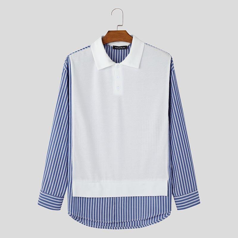 INCERUN Мужские рубашки с длинным рукавом в полоску в стиле пэчворк, повседневные топы