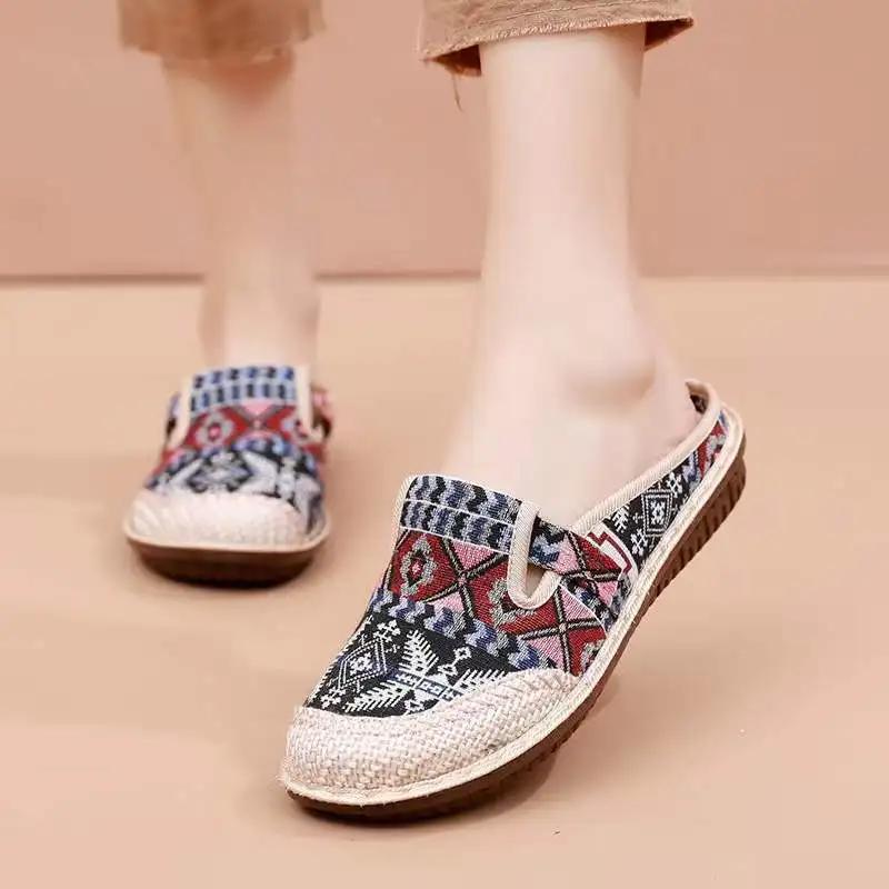 Fashion Womens Ethnic Style Slippers Fashion Women Shoe Wedge Cloth Shoes with Soft Soles Walking Shoes Slip-on Mules Zapatilla De Mujer