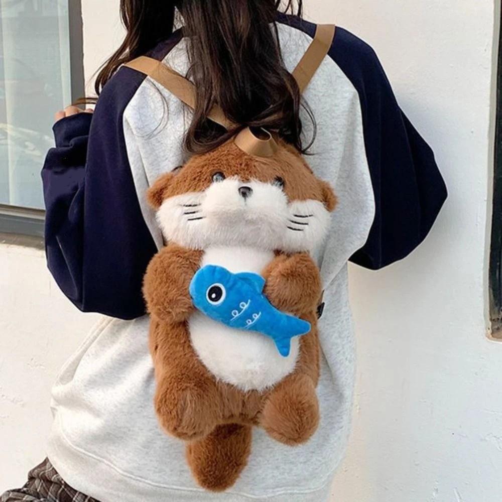 Holding Fish Otter Plush Backpack Realistic Look Student School Bag Shopping