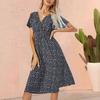 Women Polka Dot Chiffon Midi Dress Short Sleeve V Neck Flowy Dress Bohemian Summer Beach Sundress with Elastic Waist