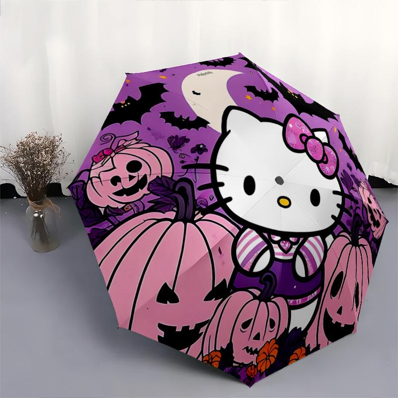 1pc Halloween Hello Kitty Automatic Folding Umbrella - Portable 3-Fold Design with 8-Bone Iron Frame, Perfect Holiday Gift for Fans, Travelers, Everyd