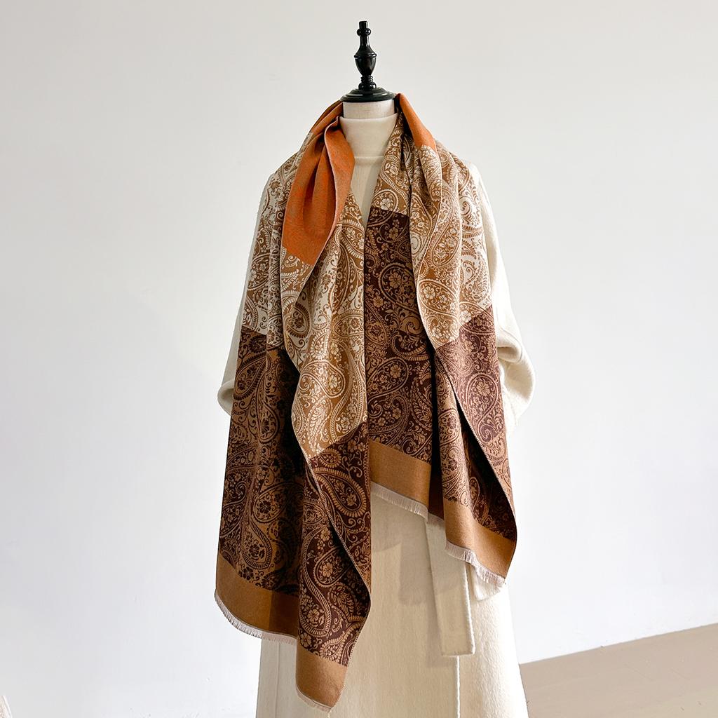 Women's Vintage Floral Print Neckerchief - Tasseled Color-Block Faux Cashmere Scarf, Comfortable Double-Layer Shawl