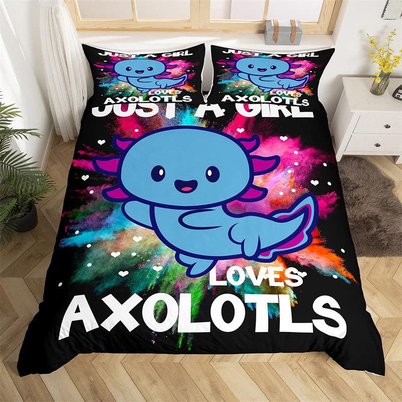 Cartoon Axolotl Duvet Cover Full For Kids Boys Girls Toddlers Kawaii Axolotl Bedding Set Cute Sea Weed Coastal Comforter Cover