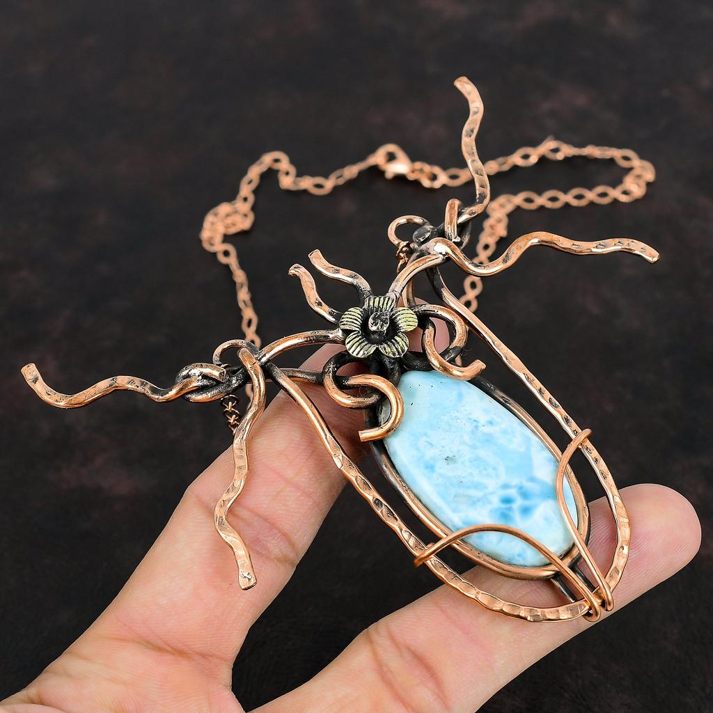 Larimar Necklace Copper Wire Wrapped Gemstone Necklace Copper Handmade Jewelry Adjustable Chain Necklace Gifts For Her Real Larimar Jewelry
