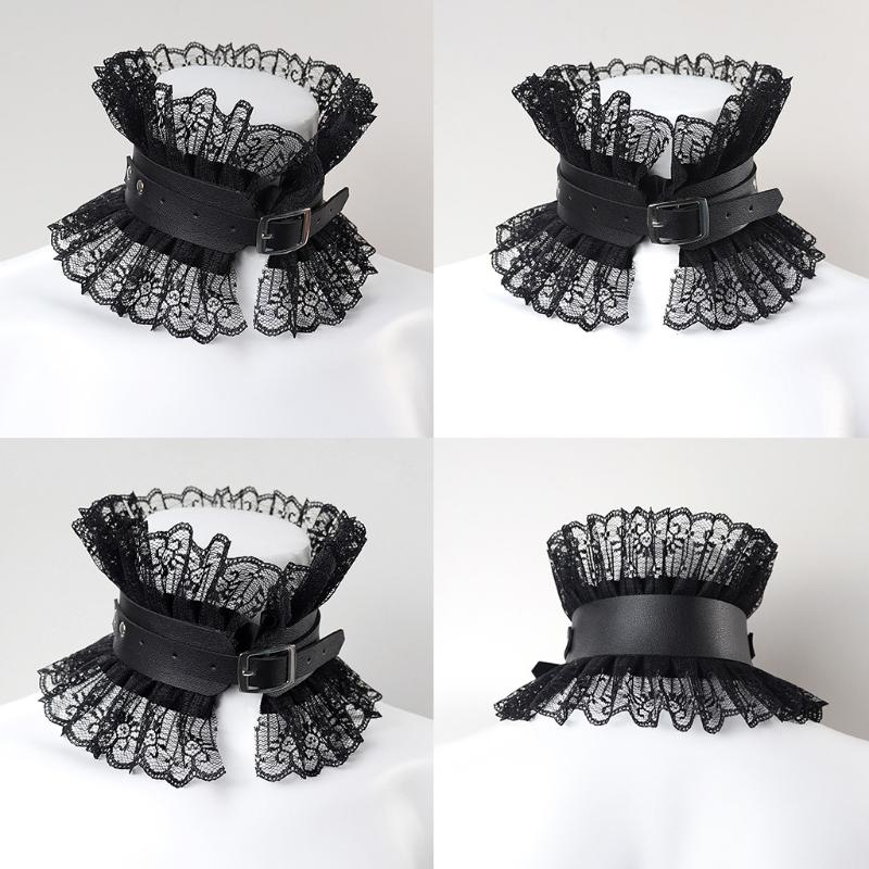 Women Vintage Princess Fake Collar Gothic Black Faux Leather Ruffled Floral Lace Choker Necklace Victorian Neck Ruff