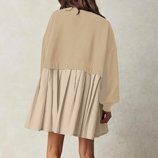 Женское платье Плиссированное платье-свитер с круглым вырезом в стиле пэчворк Свободное платье-свитер с длинными рукавами А-силуэт Большой свободный свитер Мини-платье осень-весна