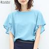 ZANZEA Женская повседневная блузка с круглым вырезом и оборками с коротким рукавом