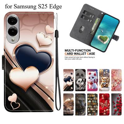 Чехол-книжка из искусственной кожи ручной работы для Samsung Galaxy S25 Edge - Противоскользящая ударопрочная крышка с ремешком на запястье и дизайнами кошек с сердечками/розами
