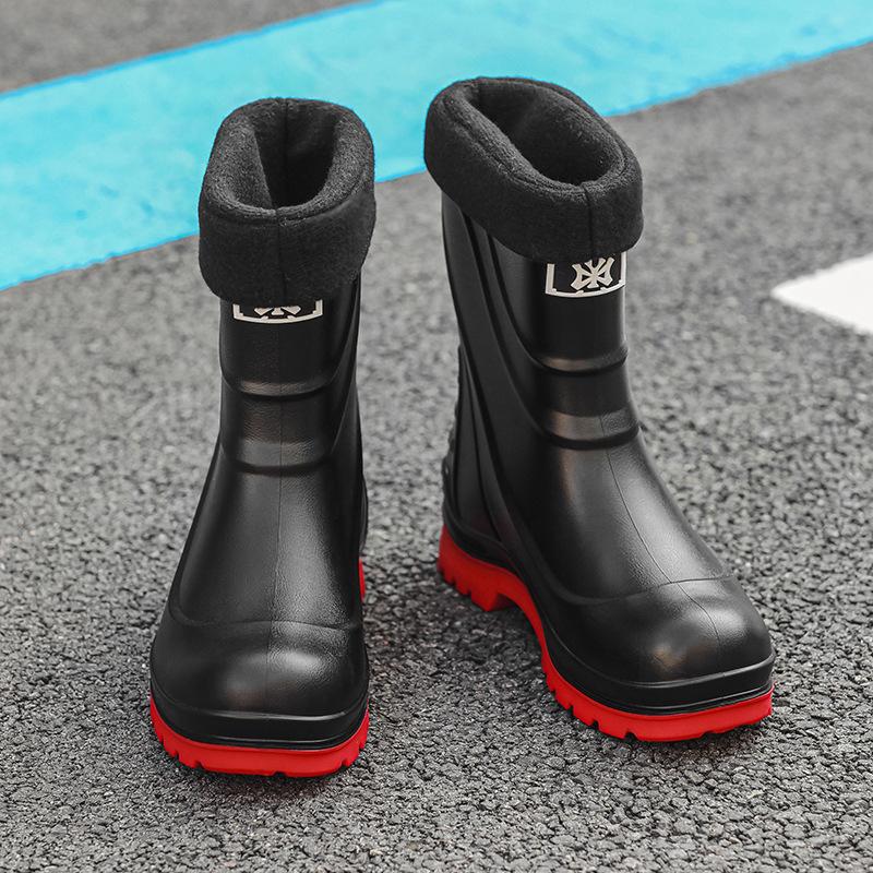 High Tube Rain Shoes Men's Non-slip Waterproof Fashion Medium Tube Rain Boots Warm Rubber Shoes Kitchen Work Long Tube Water Shoe Cover Shoes