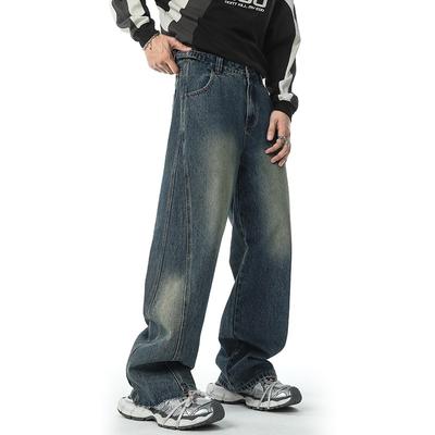 Американские джинсы широкие штанины, выстиранные, состаренные, ретро, свободные, прямые