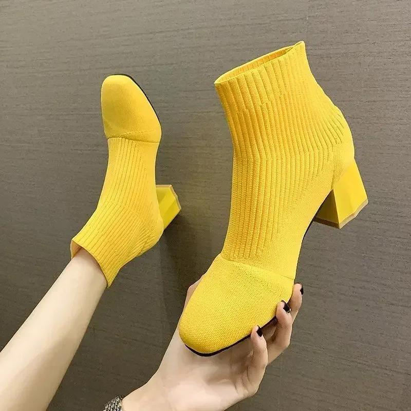 Fashion Booties Elastic Footwear White Heeled Very High Heels Short Shoes For Women Sock Female Ankle Boots With Young On Sale New In Pu