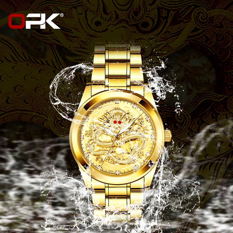 OPK 8111 Men's Watches Luxury Business Golden Luminous Waterproof Stainless Steel Dragon Original Man Quartz Wristwatch
