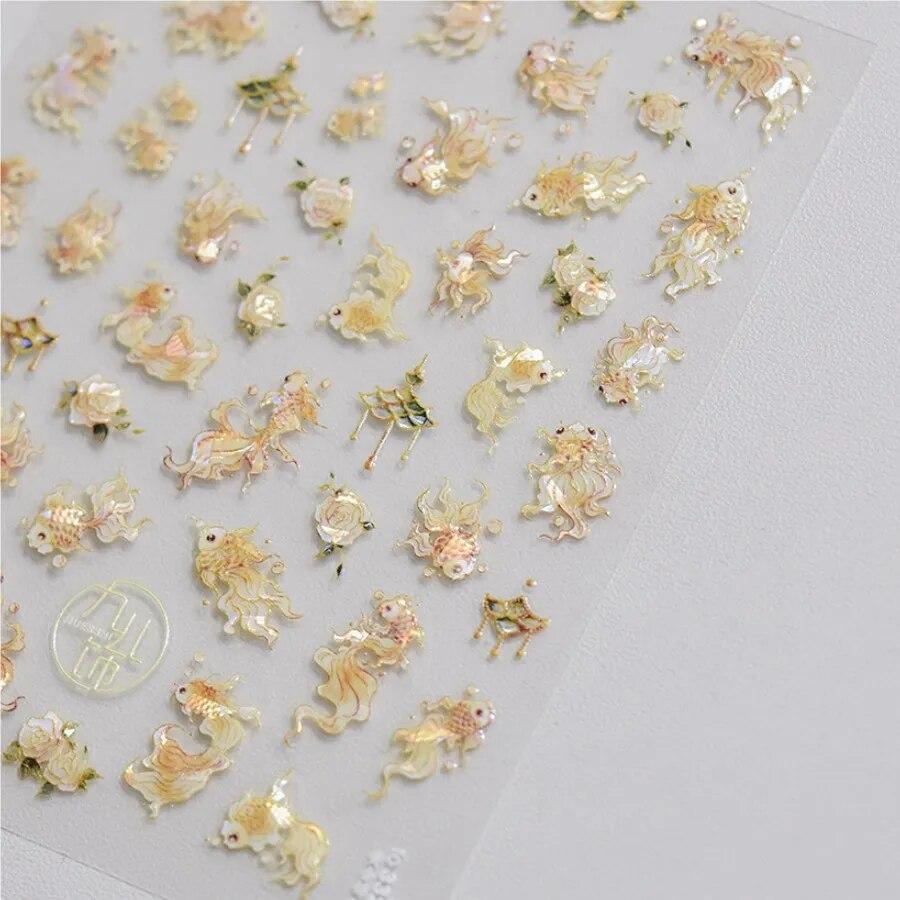 1Pcs Embossed Glitter Fish Nail Art Stickers Pink Yellow Red Self-adhesive Transfer Nail Decorations Slider Decals DIY